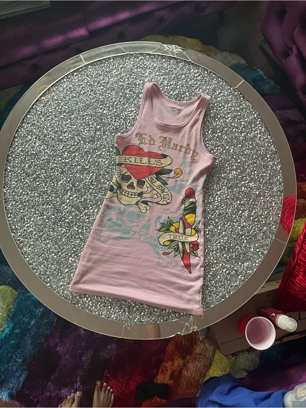 Ed Hardy Pink Tattoo-Print Tank Dress with Skull & Dagger